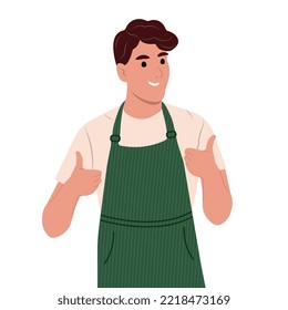 Empleados de la tienda de comestibles, pequeñas empresas. Feliz hombre positivo mostrando gesto. Ilustración vectorial plana