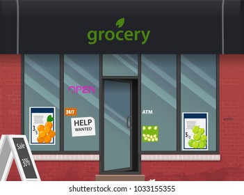 Grocery store facade. Stylish street shop exterior design. Flat style vector illustration.