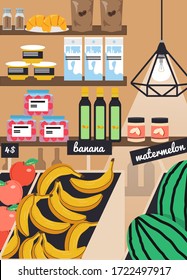 Grocery store, farmers market vector poster template. Food shop, supermarket interior with banana, apple, watermelon fruits, dairy products, olive oil, fruit preserves on shelves, flat illustration.