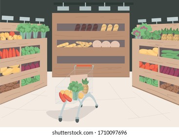 La tienda de comestibles almacena la ilustración vectorial de color plano. Variedad de alimentos y productos en los estantes de la tienda. Carrito de carritos con verduras y frutas en el interior. Supermercado interior de dibujos animados 2D con decoración de fondo