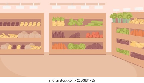 Grocery store flat color vector illustration. Supermarket sections. Retail business. Fully editable 2D simple cartoon interior with wooden shelves with vegetables and bread on background