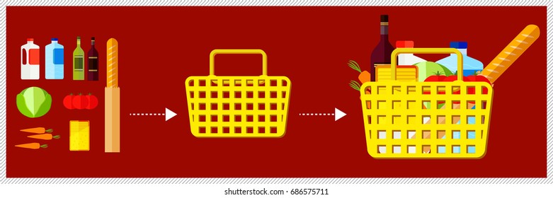 Grocery store flat illustration. Supermarket basket full of grocery products, front view. Vegetables, drinks, bread, cheese coupon concept.