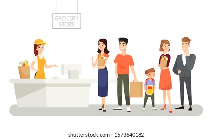 Grocery store flat vector illustration. Cashier female cartoon character. People waiting in long queue. Products buying. Food shopping concept. Customers with carton bags and purchases.