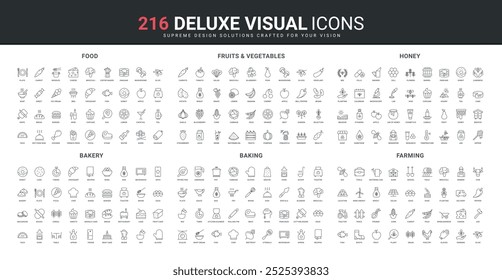 Grocery store food and bakery, vegetables and fruit ingredients, equipment for cooking line icon set. Honey and beekeeper, cereal bread and baking recipe thin black outline symbols vector illustration