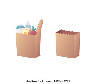 Grocery store. Food delivery concept. Paper bags . Colored vector illustration. Isolated on white background. 