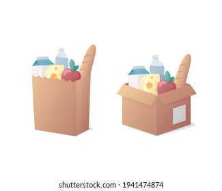 Grocery store food delivery concept. Paper bag and box. Vector colored illustration. Isolated on white background. 