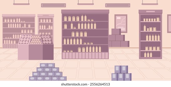 Grocery store with food, supermarket interior for buyers and shopping. Vector in flat style, modern simple room with shelves loaded with vegetables and fruits, packages of produce for clients