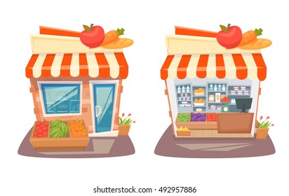 Grocery Store Front And Interior. Cartoon Street Local Retail Shop Building. Organic Food, Fruit And Vegetable Kiosk Inside And Outside Shelves And Showcases. 