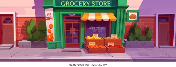 Tienda de comestibles en la mañana en la calle de la ciudad. Dibujo vectorial de la tienda abierta con una ventana grande y una puerta de madera, cajas de frutas y verduras frescas afuera, anuncio de venta en la fachada