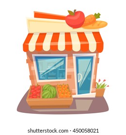 Grocery Store Front. Street Local Retail Shop Building. Organic Fruit And Vegetable Kiosk Facade. Cartoon Vector Illustration. Exterior.