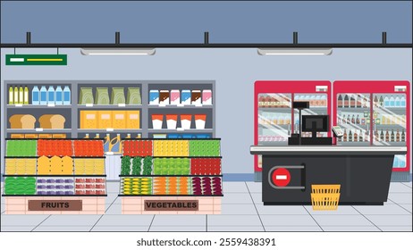 Grocery store front view supermarket food inside interior design vector