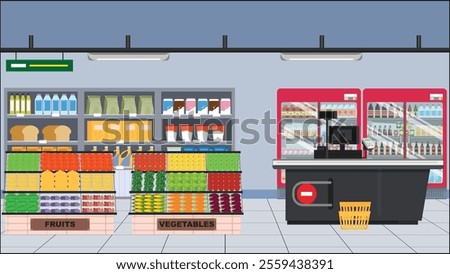Grocery store front view supermarket food inside interior design vector