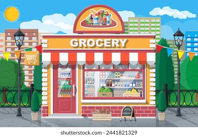 Grocery store front with window and door. Wooden and brick facade. Glass showcase of boutique. Small european style shop exterior. Commercial, property, market or supermarket. Flat vector illustration