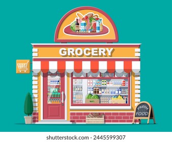 Grocery store front with window and door. Wooden and brick facade. Glass showcase of boutique. Small european style shop exterior. Commercial, property, market or supermarket. Flat vector illustration