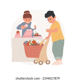 Grocery store game isolated cartoon vector illustration. Child behind plastic cashier, grocery store role game, children playing supermarket, kids buying toy goods, little cart vector cartoon.