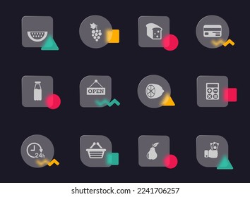 grocery store glass morphism trendy style icons. grocery store transparent glass vector icons with color memphis figures. for web and ui design, mobile apps and promo business advertising