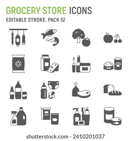 Grocery store glyph icon set, food collection, vector graphics, logo illustrations, supermarket departments vector icons, food and drinks signs, solid pictograms, editable stroke