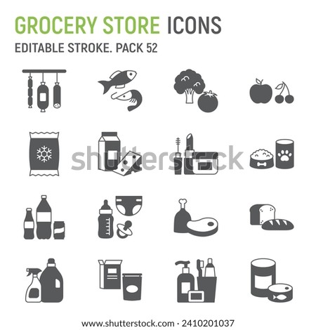 Grocery store glyph icon set, food collection, vector graphics, logo illustrations, supermarket departments vector icons, food and drinks signs, solid pictograms, editable stroke