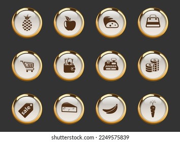 grocery store gold-rimmed vector icons on dark background. grocery store icons in gold frame for web, mobile and ui design