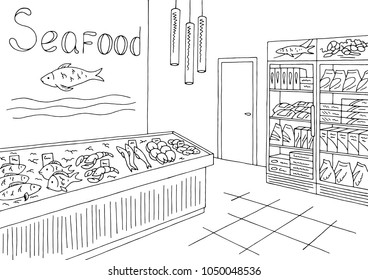 Grocery store graphic seafood fish shop interior black white sketch illustration vector