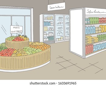 Grocery store graphic shop interior color sketch illustration vector