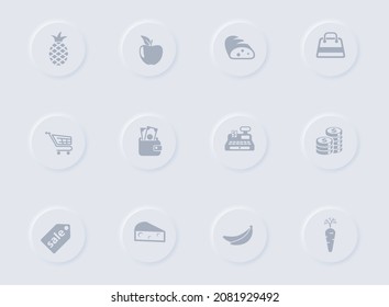 grocery store gray vector icons on round rubber buttons. grocery store icon set for web, mobile apps, ui design and promo business polygraphy