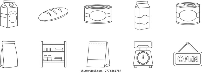 Grocery store hand drawn icons collection with milk bread cans open sign