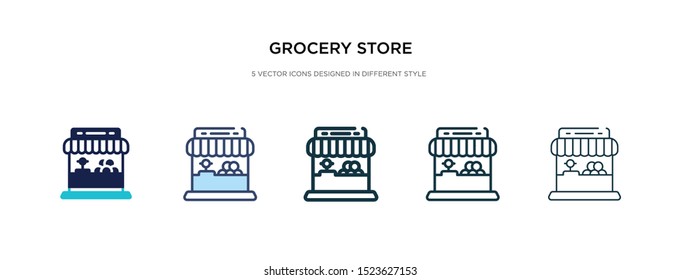 grocery store icon in different style vector illustration. two colored and black grocery store vector icons designed in filled, outline, line and stroke style can be used for web, mobile, ui