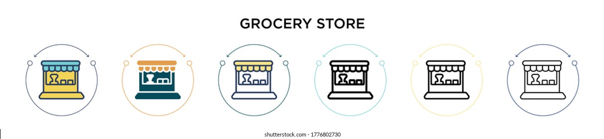 Grocery store icon in filled, thin line, outline and stroke style. Vector illustration of two colored and black grocery store vector icons designs can be used for mobile, ui, web