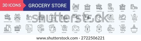 Grocery Store Icon Pack Illustration Vector with  grocery, supermarket, promotion, online, order, bakery, dairy, department, store, customer, rewards, butcher, shopping, bag, parking