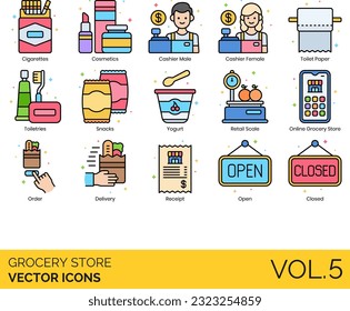 Grocery Store Icons including Apple, Avocado, Baby Products, Bacon, Bakery, Banana, Barcode Scanner, Barcode, Beer, Bottled Water, Bread, Broccoli, Cake, Candy, Canned Food, Carrot, Cash Register