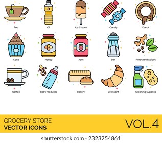 Grocery Store Icons including Apple, Avocado, Baby Products, Bacon, Bakery, Banana, Barcode Scanner, Barcode, Beer, Bottled Water, Bread, Broccoli, Cake, Candy, Canned Food, Carrot, Cash Register