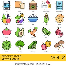 Grocery Store Icons including Apple, Avocado, Baby Products, Bacon, Bakery, Banana, Barcode Scanner, Barcode, Beer, Bottled Water, Bread, Broccoli, Cake, Candy, Canned Food, Carrot, Cash Register