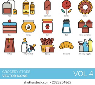 Grocery Store Icons including Apple, Avocado, Baby Products, Bacon, Bakery, Banana, Barcode Scanner, Barcode, Beer, Bottled Water, Bread, Broccoli, Cake, Candy, Canned Food, Carrot, Cash Register