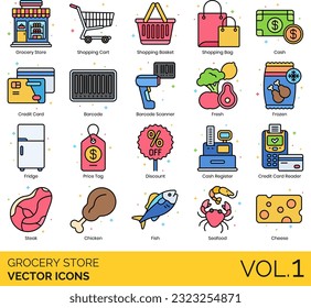 Grocery Store Icons including Apple, Avocado, Baby Products, Bacon, Bakery, Banana, Barcode Scanner, Barcode, Beer, Bottled Water, Bread, Broccoli, Cake, Candy, Canned Food, Carrot, Cash Register