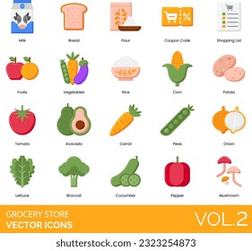 Grocery Store Icons including Apple, Avocado, Baby Products, Bacon, Bakery, Banana, Barcode Scanner, Barcode, Beer, Bottled Water, Bread, Broccoli, Cake, Candy, Canned, Carrot, Register, Cash, Cashier