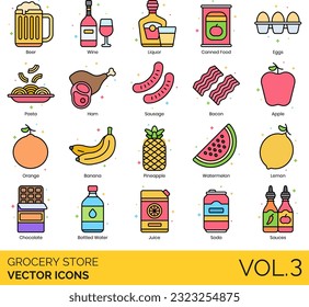 Grocery Store Icons including Apple, Avocado, Baby Products, Bacon, Bakery, Banana, Barcode Scanner, Barcode, Beer, Bottled Water, Bread, Broccoli, Cake, Candy, Canned Food, Carrot, Cash Register