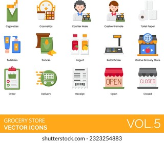 Grocery Store Icons including Apple, Avocado, Baby Products, Bacon, Bakery, Banana, Barcode Scanner, Barcode, Beer, Bottled Water, Bread, Broccoli, Cake, Candy, Canned, Carrot, Register, Cash, Cashier