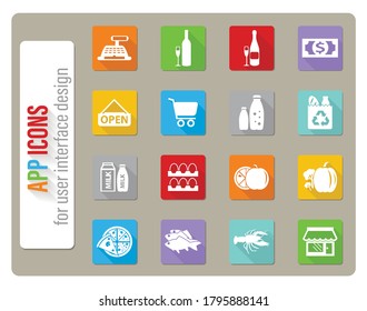 grocery store icons set in flat design with long shadow