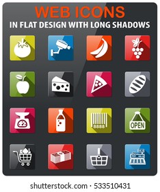 grocery store icons set in flat design with long shadow