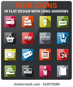 grocery store icons set in flat design with long shadow