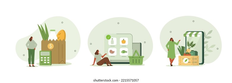 Juego de ilustraciones de tienda de comestibles. Compra de caracteres en supermercados y verduras orgánicas y otros comestibles en línea. Concepto de compra de alimentos. Ilustración vectorial.