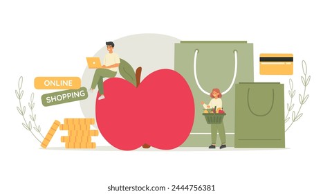 Grocery store illustration set. Characters buying vegetables in  online supermarket. Food buying online shopping concept. Vector illustration.