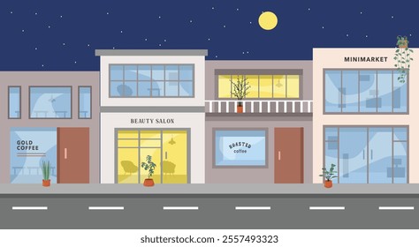 Grocery store illustration. Shopping complex, Shopping plaza. Galleria. Shopping arcade. Shopping precinct. Parade of shops. Commercial center. Market. 