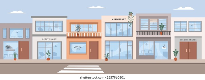 Grocery store illustration. Shopping complex, Shopping plaza. Galleria. Shopping arcade. Shopping precinct. Parade of shops. Commercial center. Market. 