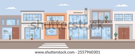 Grocery store illustration. Shopping complex, Shopping plaza. Galleria. Shopping arcade. Shopping precinct. Parade of shops. Commercial center. Market. 