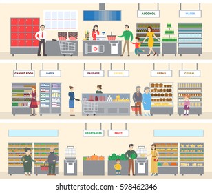 Grocery store interior. Men, women and children do shopping for the food and drink. Different departments as dairy, vegetables and alcohol.