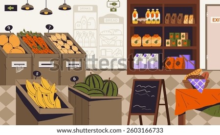 Grocery store interior vector background. Supermarket with goods or shop with vegetables, fruits and dairy products. Mall aisle with banana and watermelon for consumer or buyer. Retail, commerce theme