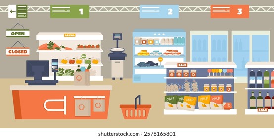 Grocery store interior vector illustration. Supermarket food department design, product market indoor background with display shelves, storage refrigerators, self-service kiosk, cashier counter desk