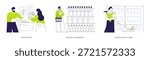 Grocery store isolated cartoon vector illustrations set. Couple buying food in modern supermarket, reading shopping list, young mother shopping for groceries, baby sitting in cart vector cartoon.